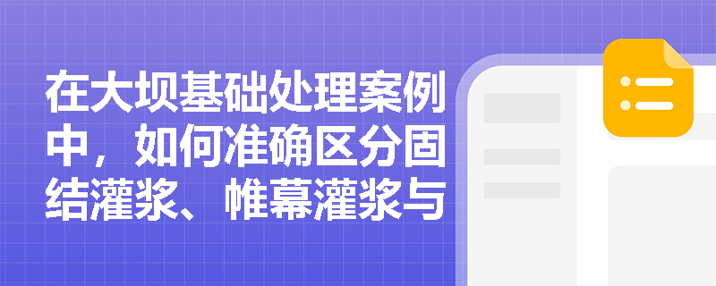 在大坝基础处理案例中，如何准确区分固结灌浆、帷幕灌浆与接触灌浆的布孔方式、灌浆压力及核心目的？