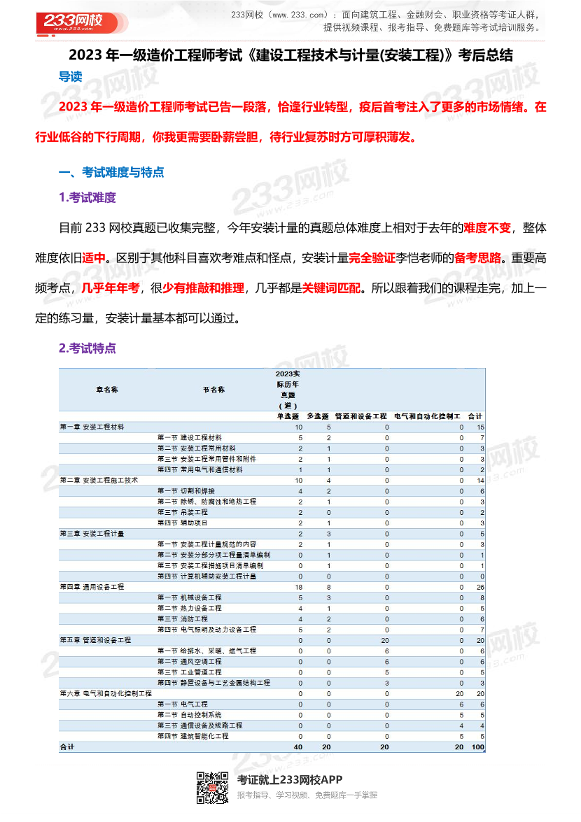 2023年一级造价工程师《安装计量》考试真题考后总结.pdf-图片1