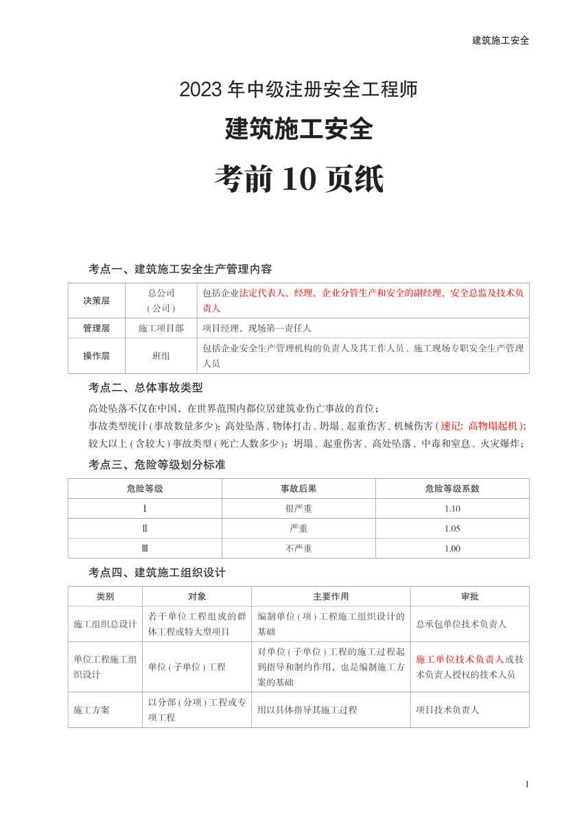 2023年中级注册安全工程师《建筑施工安全》考前10页纸.pdf-图片1