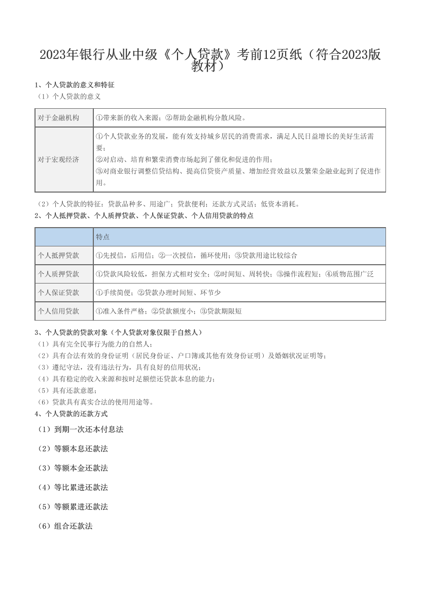 2023年银行从业中级《个人贷款》考前12页纸（符合2023版教材）.pdf-图片1