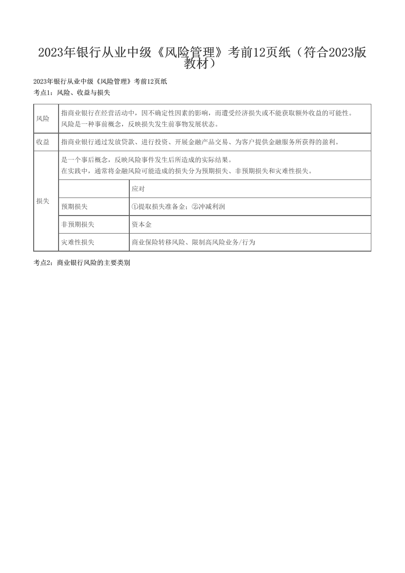 2023年银行从业中级《风险管理》考前12页纸（符合2023版教材）.pdf-图片1