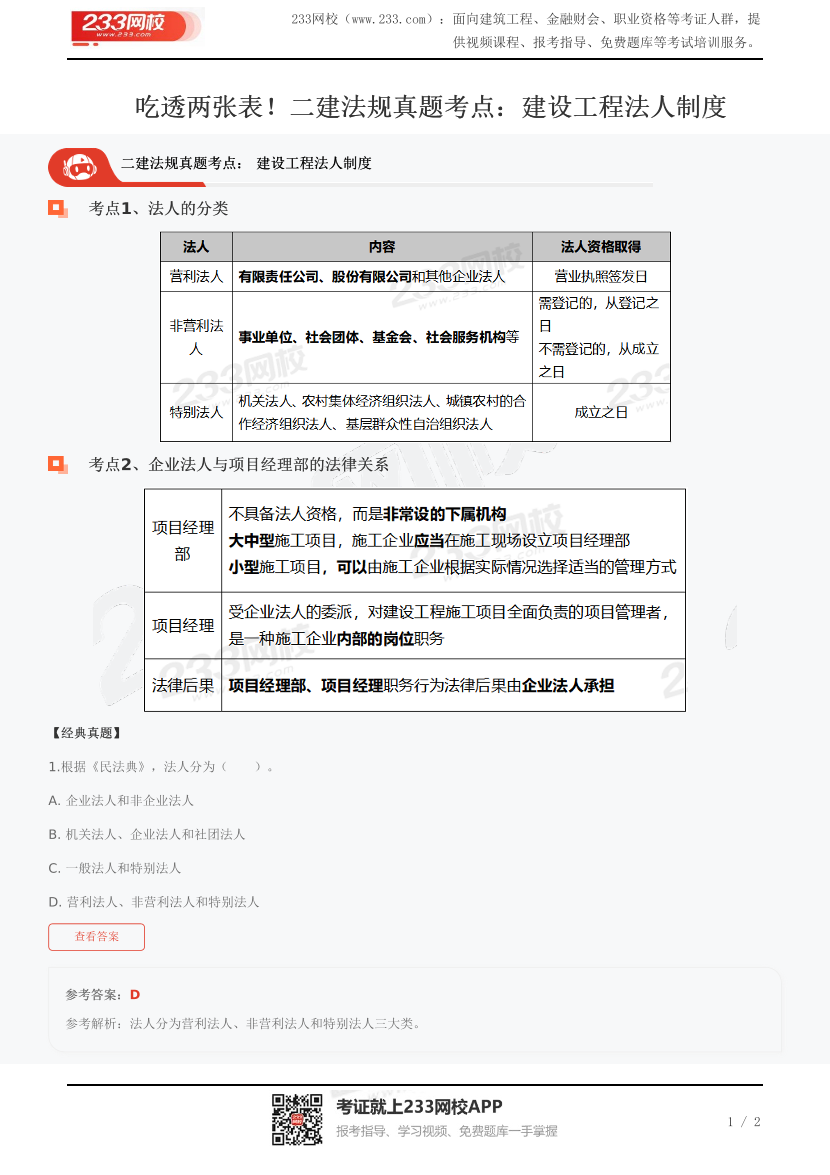 吃透两张表！二建法规真题考点：建设工程法人制度.pdf-图片1