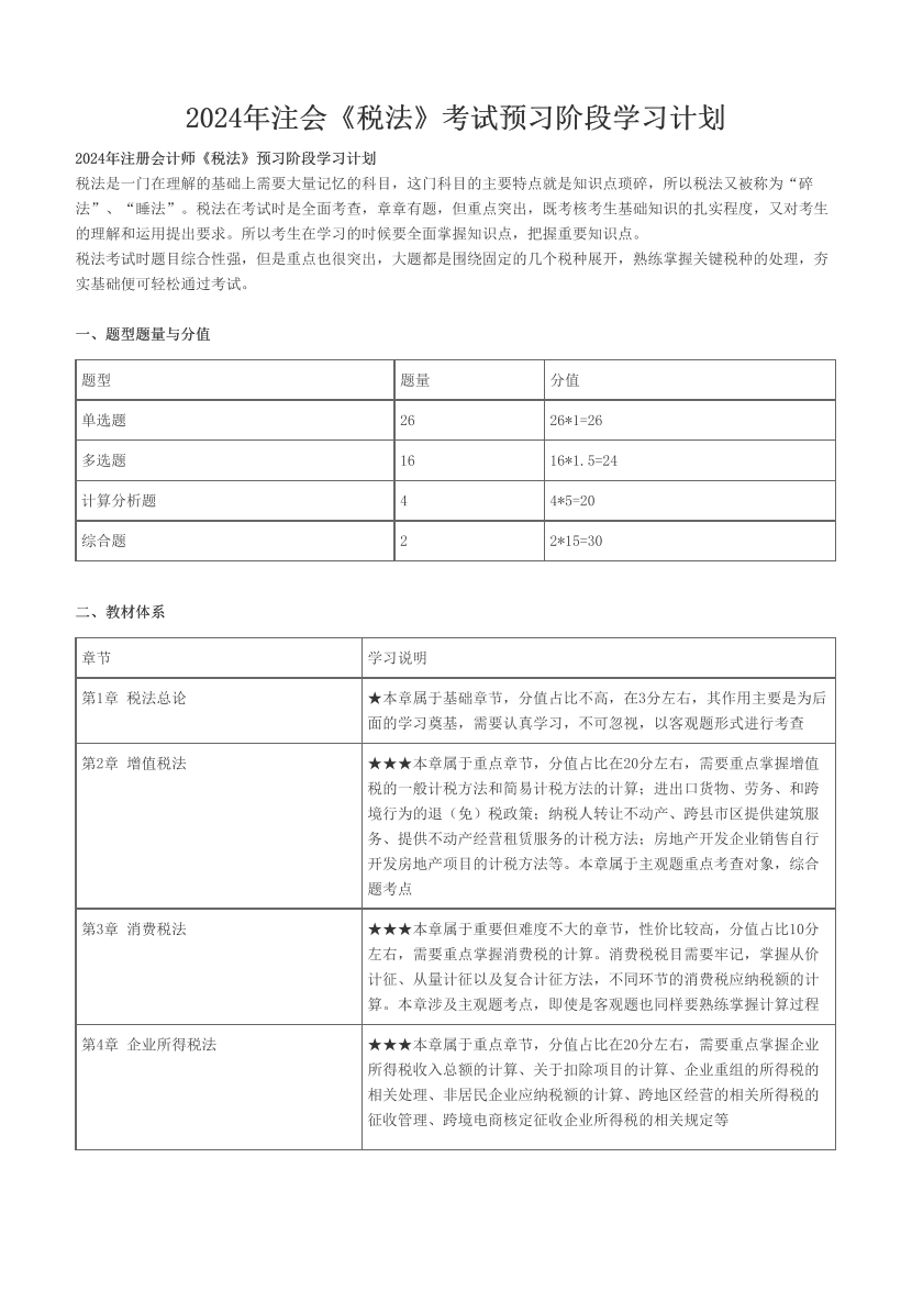 2024年注会《税法》考试预习阶段学习计划.pdf-图片1