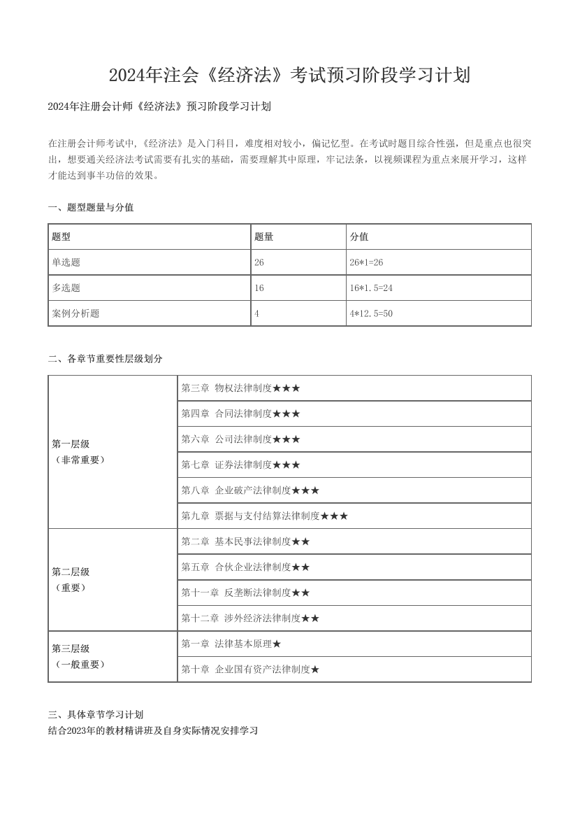 2024年注会《经济法》考试预习阶段学习计划.pdf-图片1