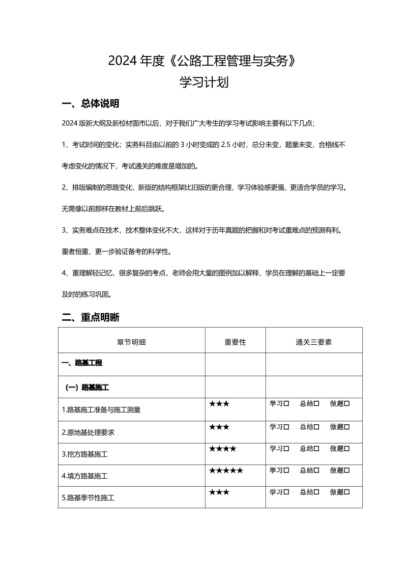 2024年二建《公路》新教材学习计划表（含重点明晰、学习策略）.pdf-图片1