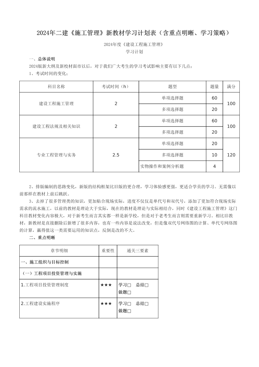 2024年二建《施工管理》新教材學(xué)習(xí)計(jì)劃表（含重點(diǎn)明晰、學(xué)習(xí)策略）.pdf-圖片1