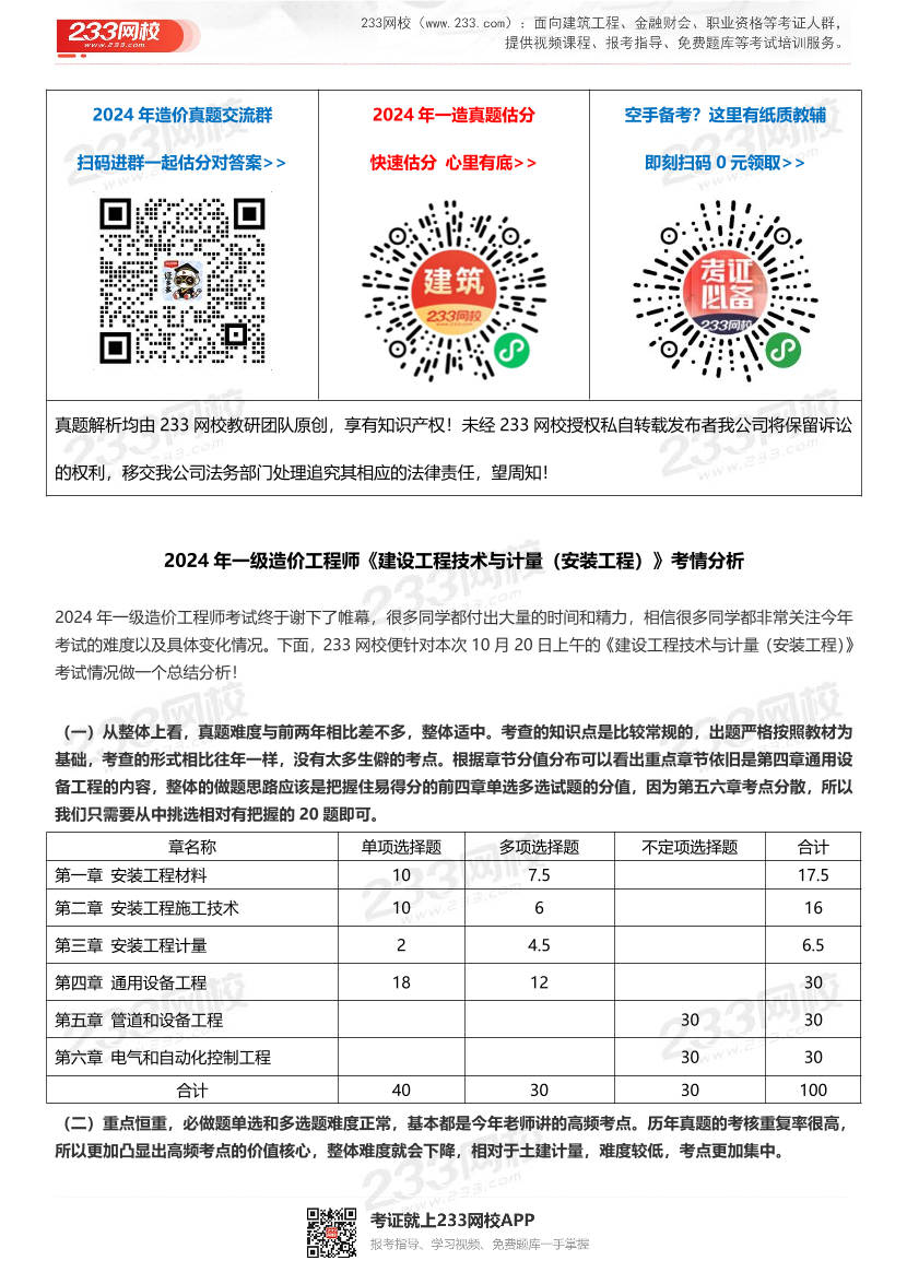 2024年一级造价工程师《技术与计量（安装）》考情分析.pdf-图片1