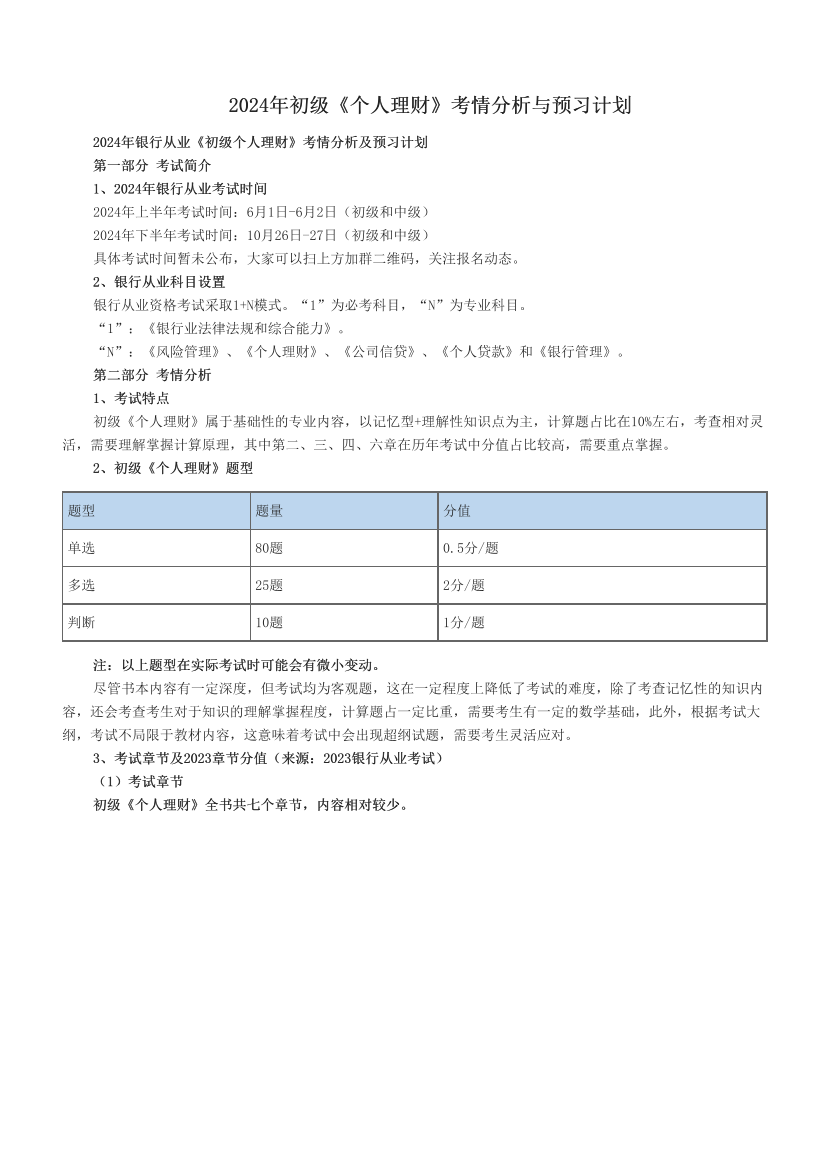 2024年初級《個人理財》考情分析與預習計劃.pdf-圖片1