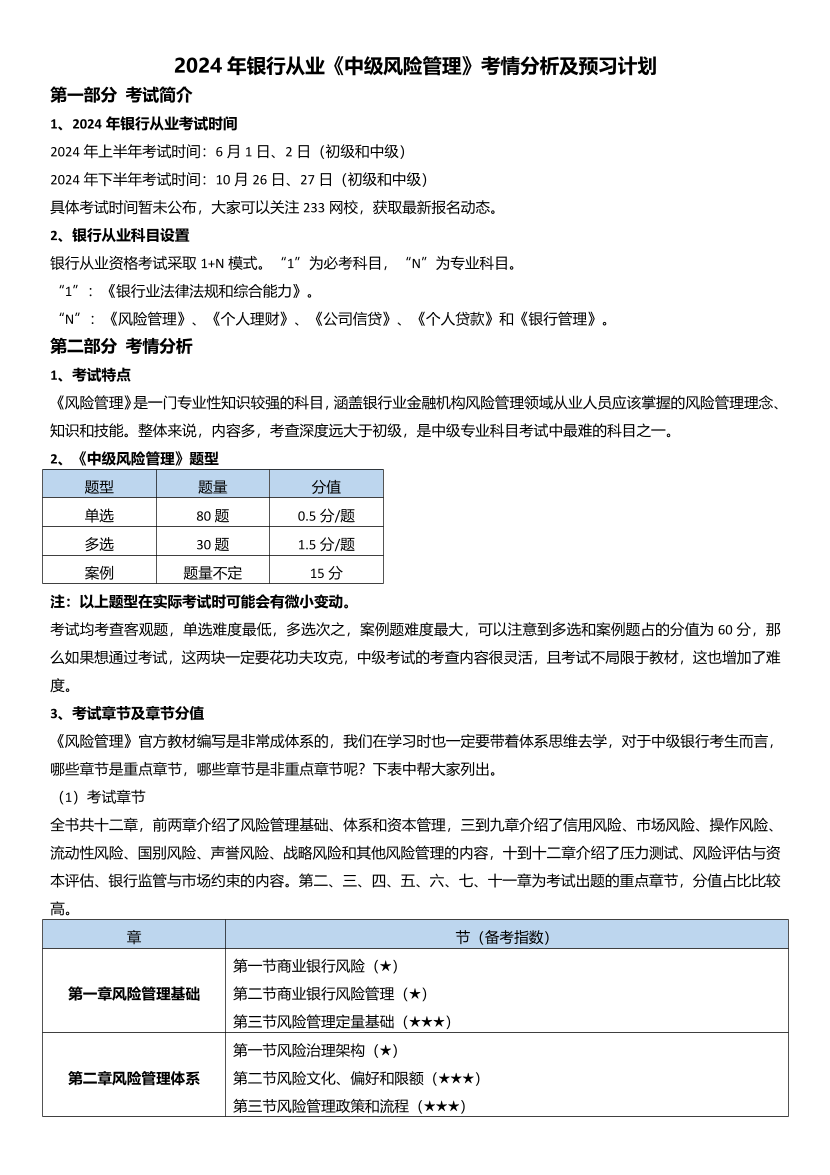 2024年中级《风险管理》考情分析与预习计划.pdf-图片1