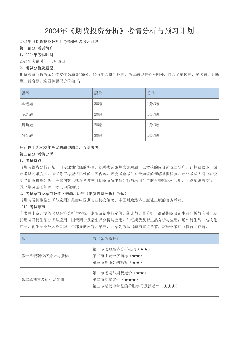 2024年《期货投资分析》考情分析与预习计划.pdf-图片1