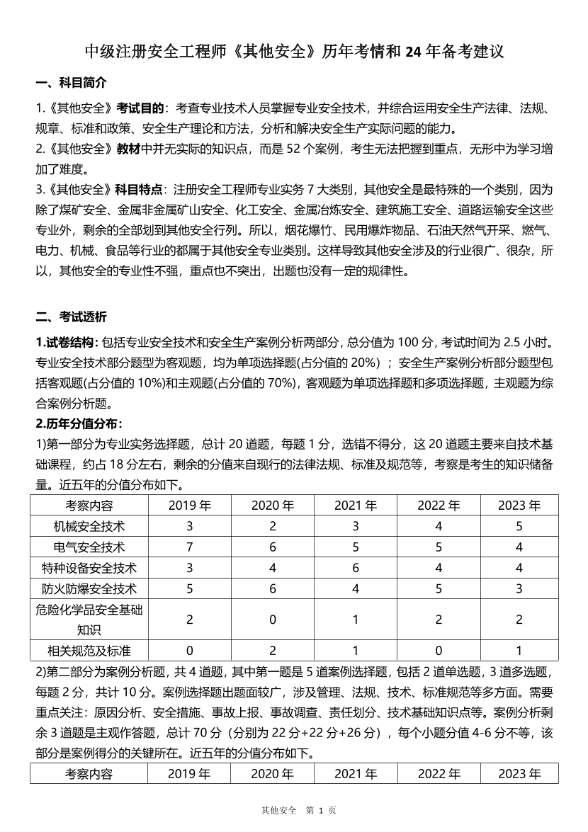 備考必看 |中級注安《其他安全》歷年考情及24年備考建議（早鳥計劃）.pdf-圖片1