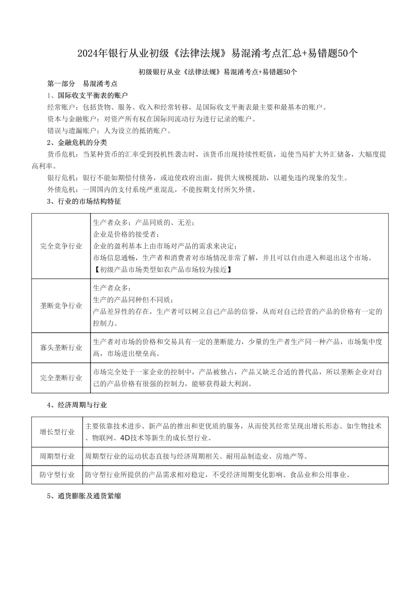 2024年银行从业初级《法律法规》易混淆考点汇总+易错题50个.pdf-图片1