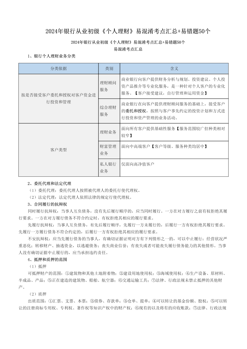 2024年银行从业初级《个人理财》易混淆考点汇总+易错题50个.pdf-图片1