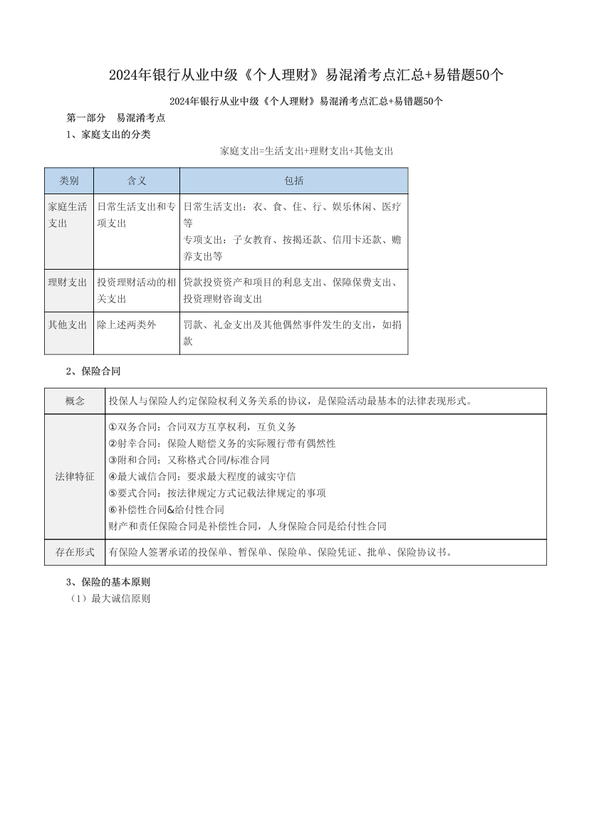 2024年银行从业中级《个人理财》易混淆考点汇总+易错题50个.pdf-图片1