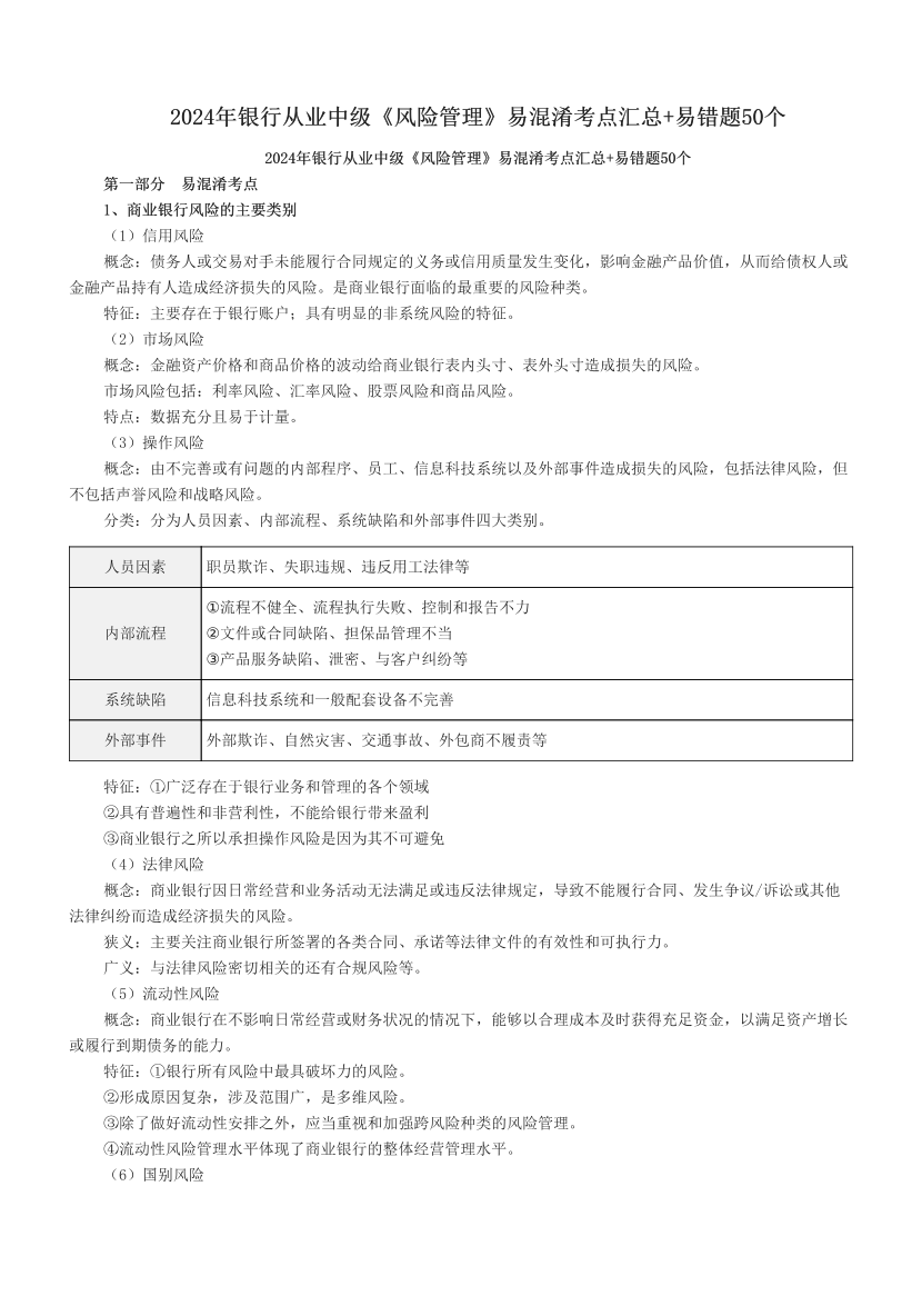 2024年銀行從業(yè)中級《風險管理》易混淆考點匯總+易錯題50個.pdf-圖片1