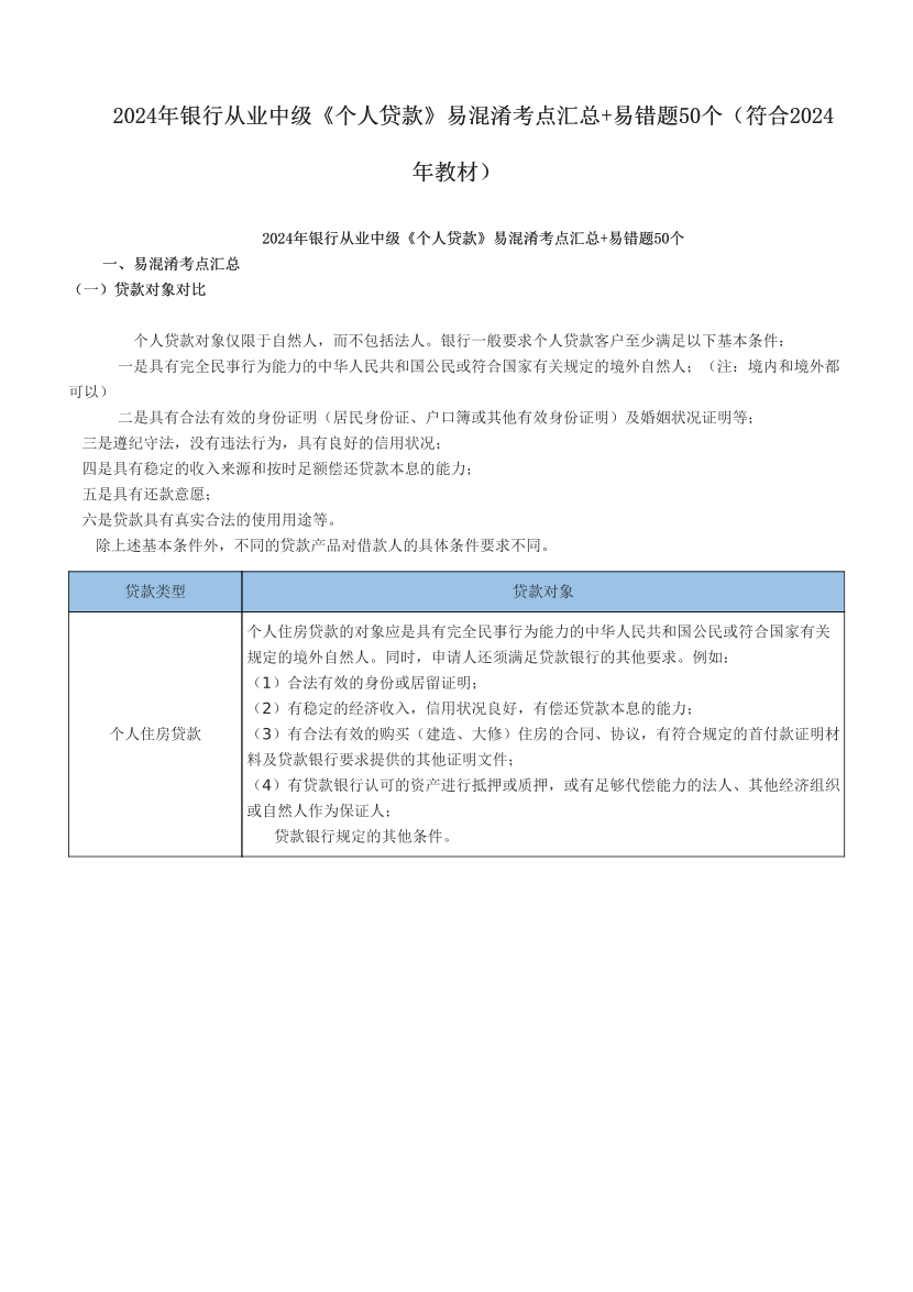 2024年银行从业中级《个人贷款》易混淆考点汇总+易错题50个（符合2024年教材）.pdf-图片1