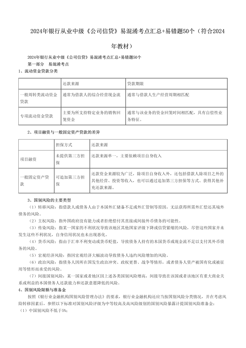 2024年銀行從業(yè)中級(jí)《公司信貸》易混淆考點(diǎn)匯總+易錯(cuò)題50個(gè)（符合2024年教材）.pdf-圖片1