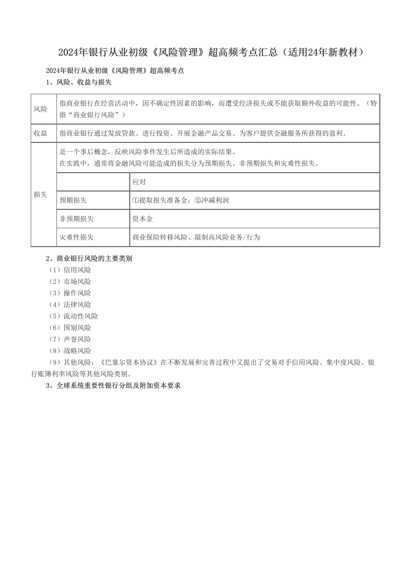 2024年銀行從業(yè)初級(jí)《風(fēng)險(xiǎn)管理》超高頻考點(diǎn)匯總（適用24年新教材）.pdf-圖片1