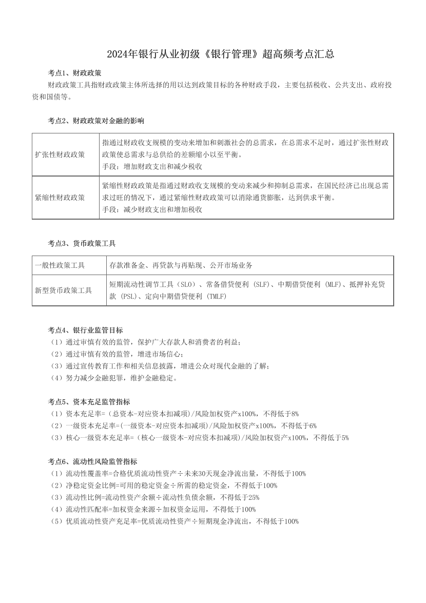 2024年銀行從業(yè)初級(jí)《銀行管理》超高頻考點(diǎn)匯總.pdf-圖片1