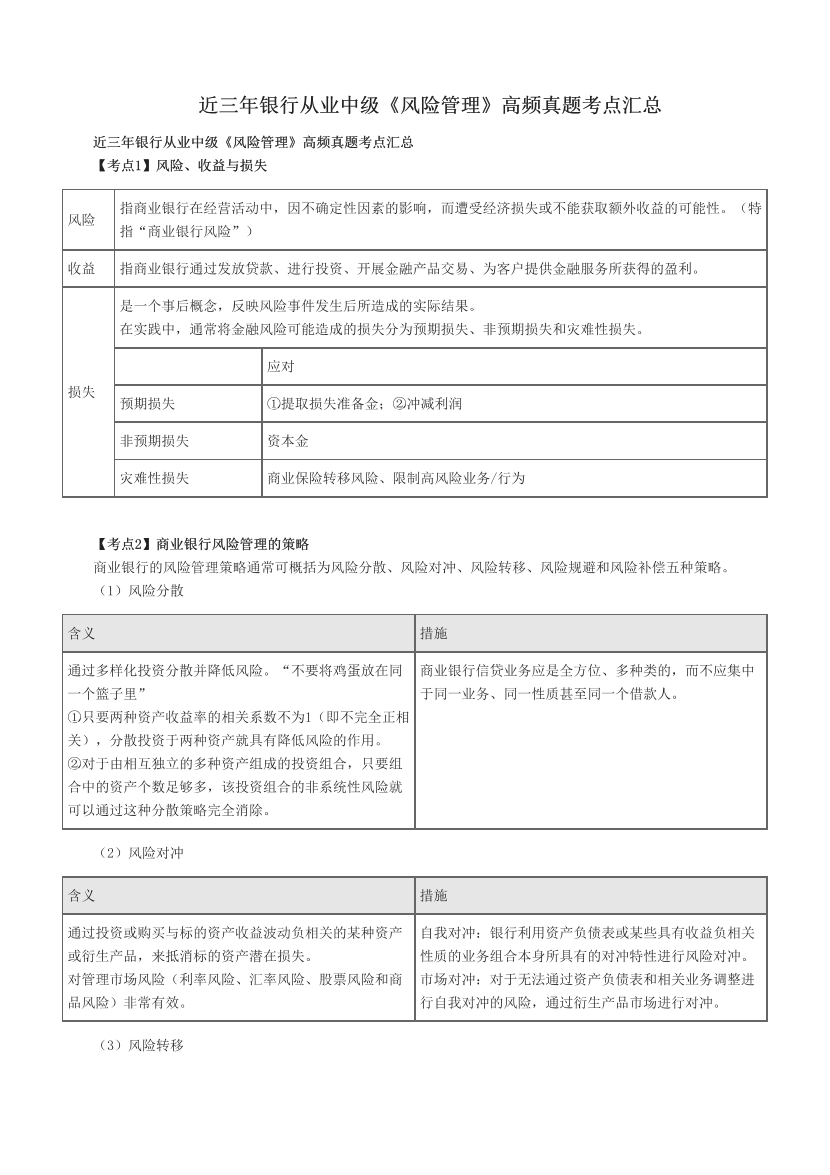 近三年银行从业中级《风险管理》高频真题考点汇总.pdf-图片1