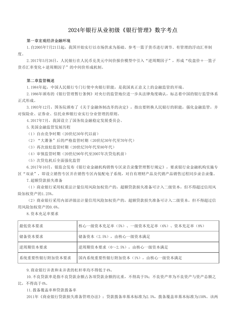 2024年银行从业初级《银行管理》数字考点.pdf-图片1