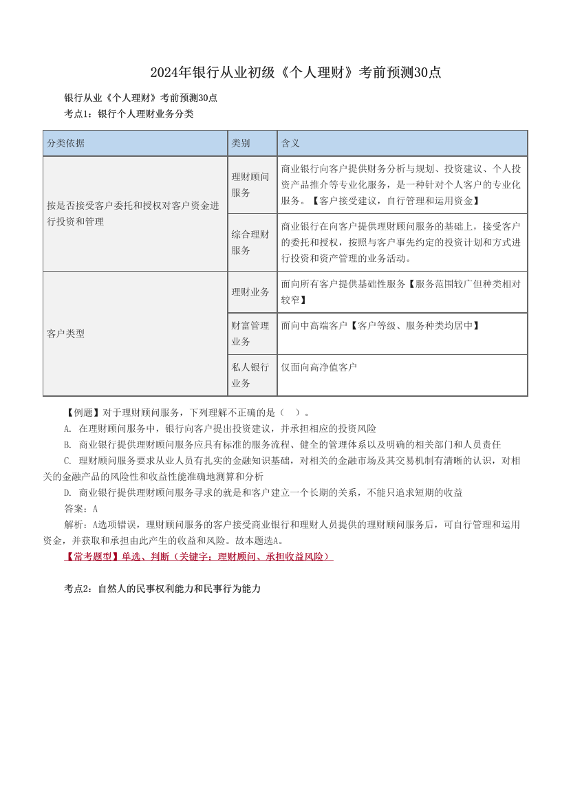 2024年銀行從業(yè)初級《個人理財》考前預測30點.pdf-圖片1