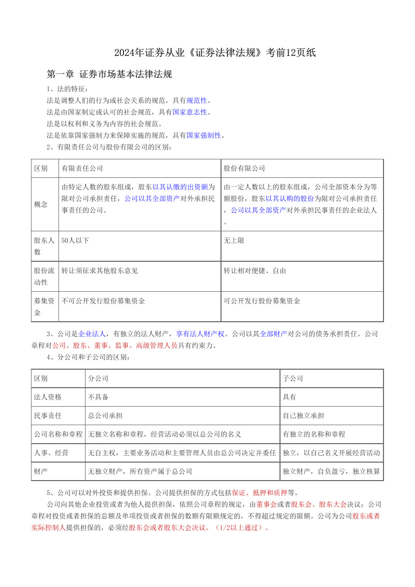 2024年证券从业《证券法律法规》考前12页纸.pdf-图片1