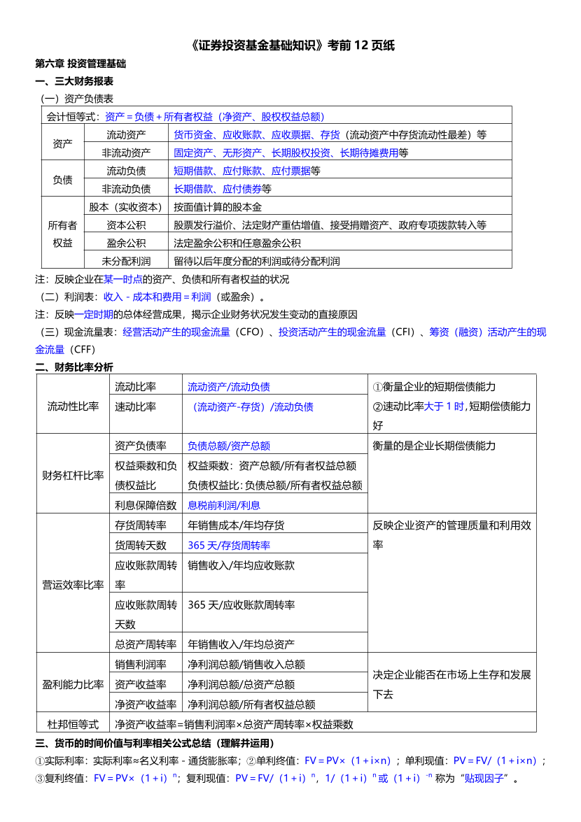 2024年基金从业《证券投资基金》考前12页纸.pdf-图片1