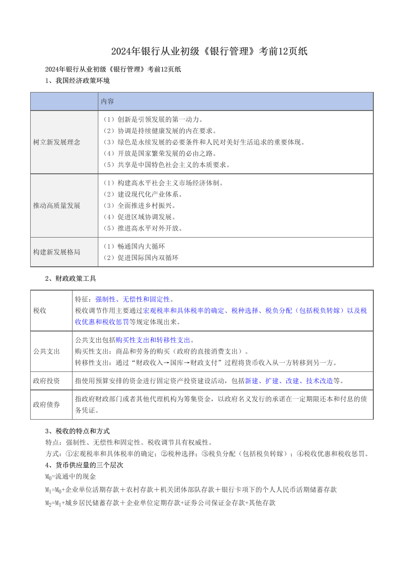 2024年銀行從業(yè)初級(jí)《銀行管理》考前12頁(yè)紙.pdf-圖片1