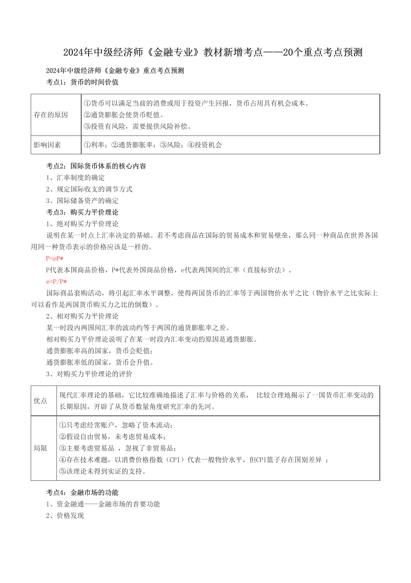 2024年中级经济师《金融专业》教材新增考点——20个重点考点预测.pdf-图片1