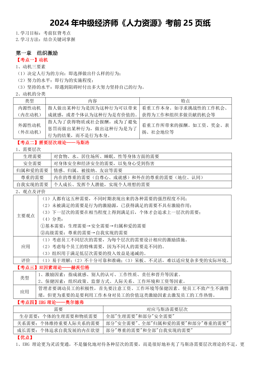 沖刺狂背！2024年中級(jí)經(jīng)濟(jì)師《人力資源》考前25頁紙.pdf-圖片1