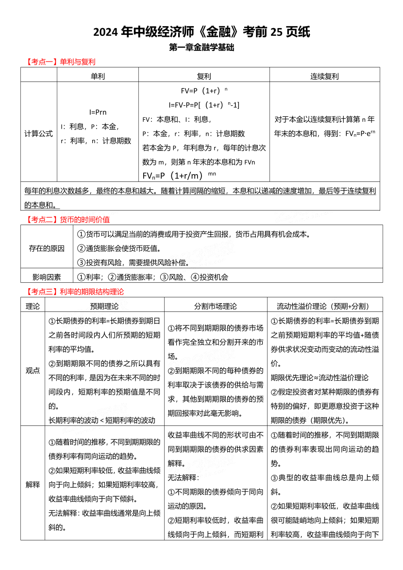 沖刺狂背！2024年中級(jí)經(jīng)濟(jì)師《金融專業(yè)》考前25頁(yè)紙.pdf-圖片1