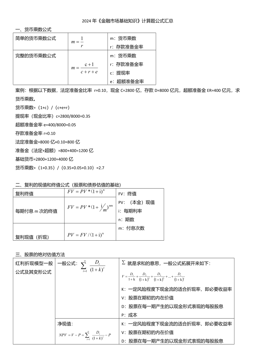 2024年证券从业《基础知识》计算题公式汇总.pdf-图片1