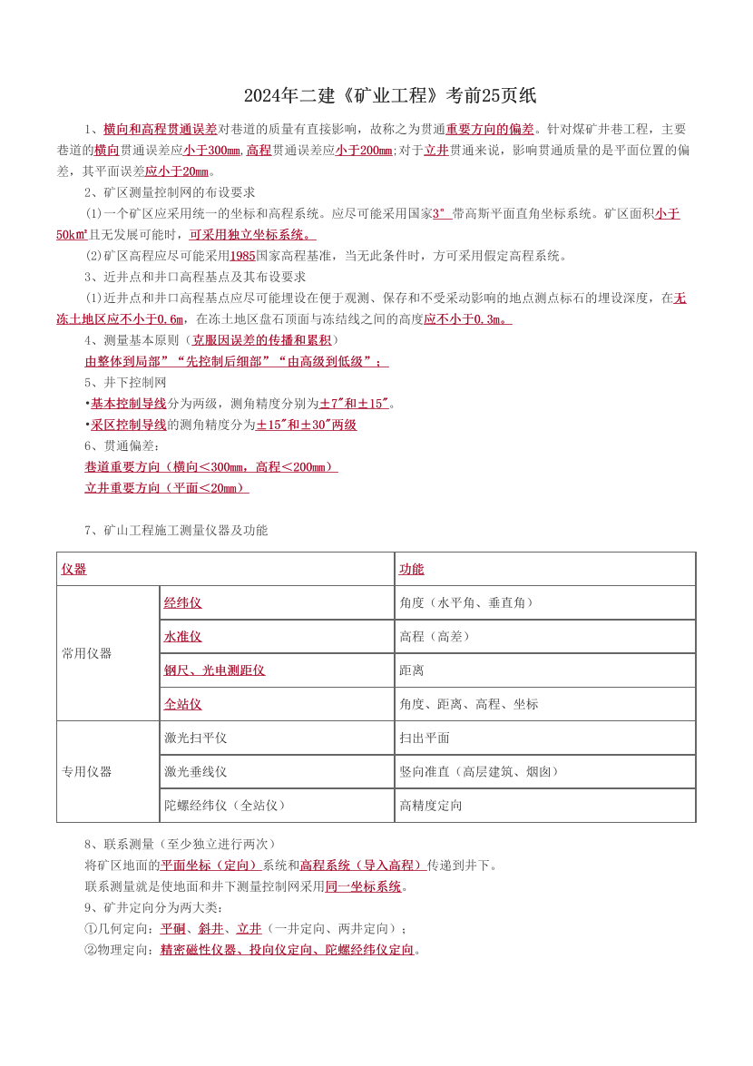 2024年二建《礦業(yè)工程》考前25頁紙.pdf-圖片1