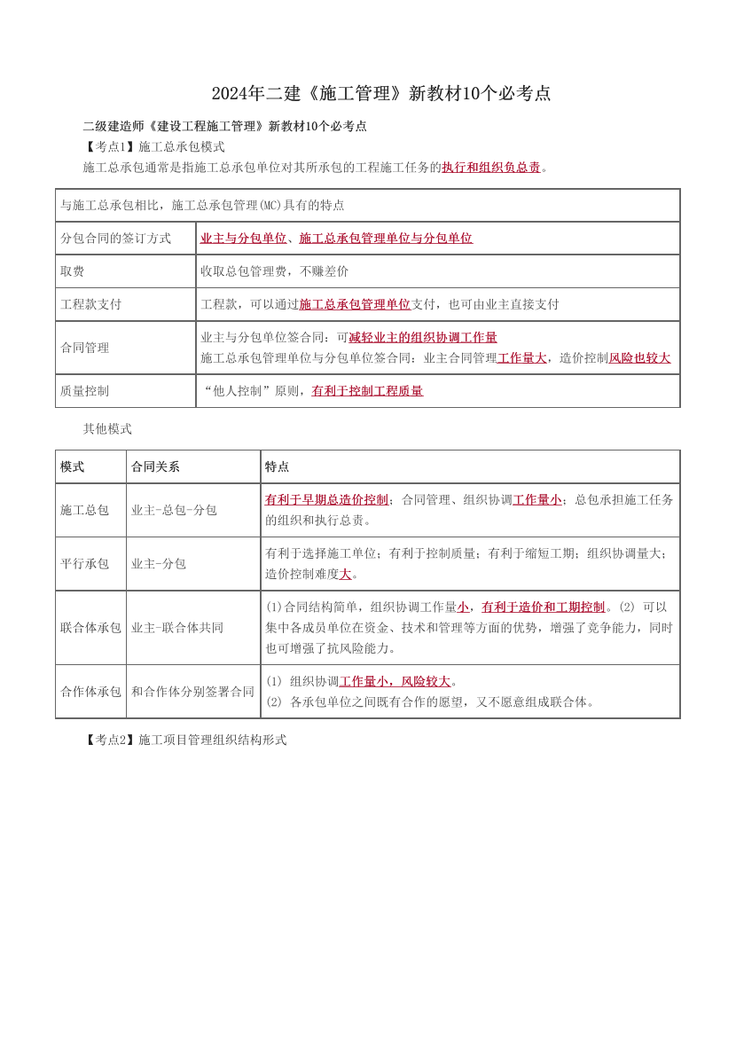 2024年二建《施工管理》新教材10个必考点.pdf-图片1