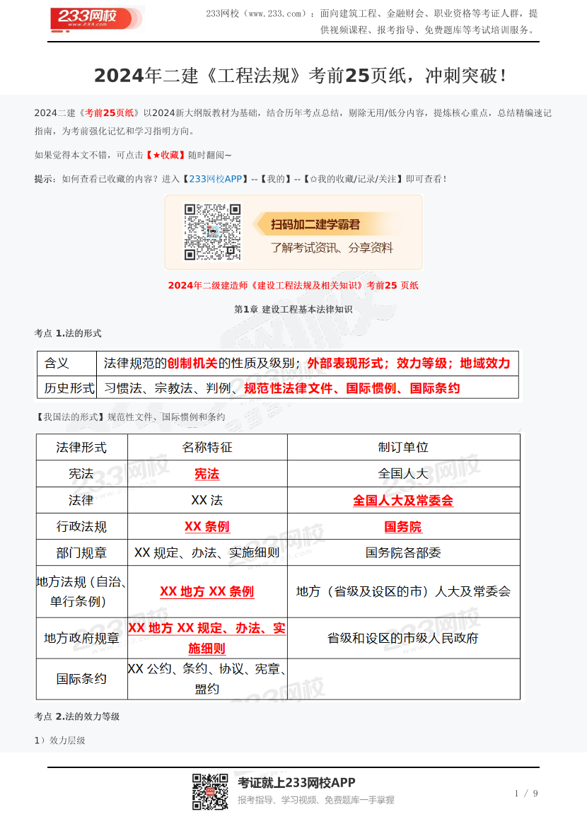 2024年二建《工程法规》考前25页纸，冲刺突破！.pdf-图片1