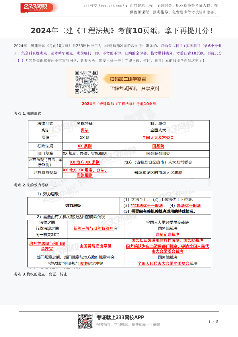 2024年二建《工程法规》考前10页纸，拿下再提几分！.pdf-图片1