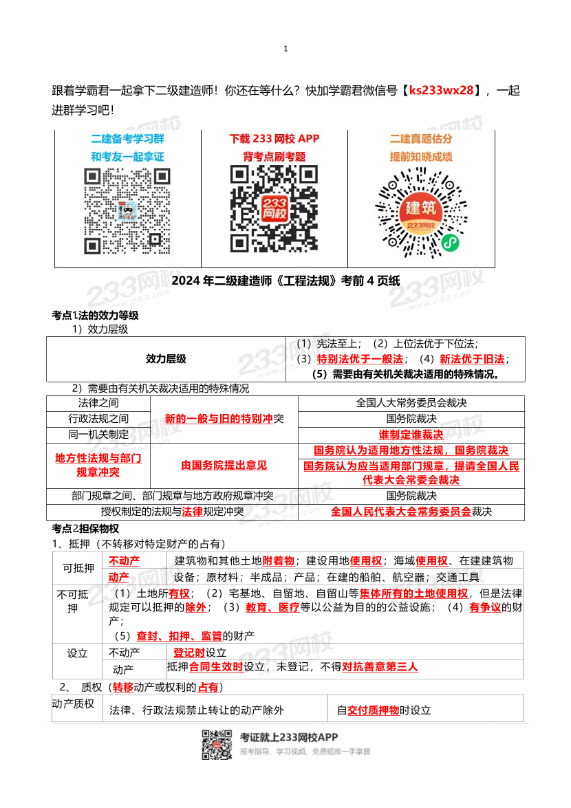 2024年二级建造师《工程法规》考前4页纸.pdf-图片1