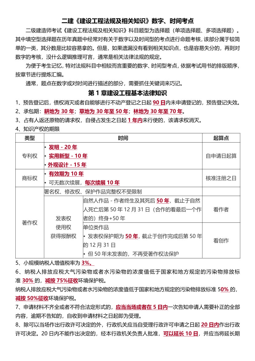 2025版二建《工程法规》时间、数字大全.pdf-图片1