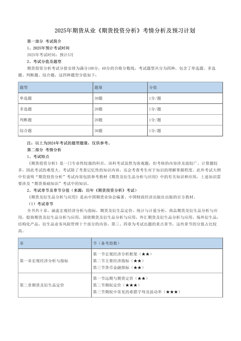 2025年期货从业《期货投资分析》考情分析及预习计划.pdf-图片1