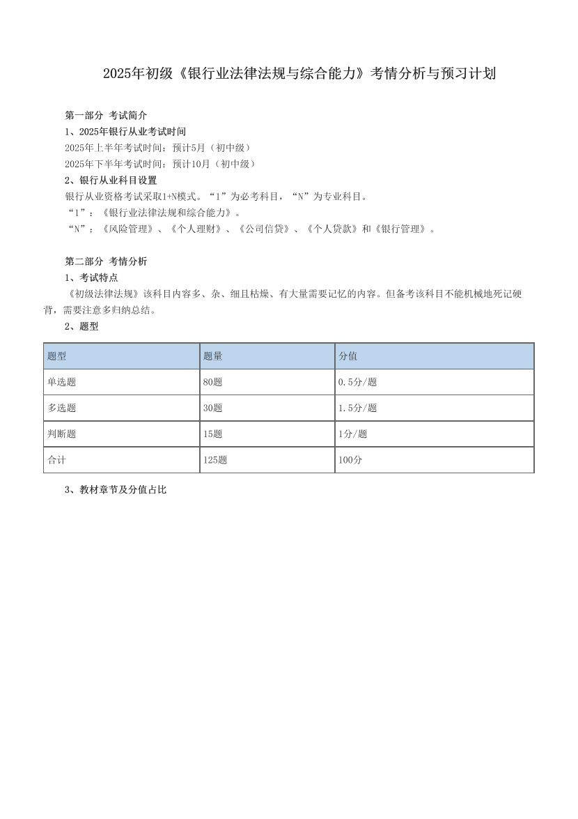 2025年初级《银行业法律法规与综合能力》考情分析与预习计划.pdf-图片1