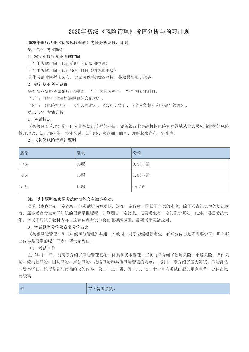 2025年初级《风险管理》考情分析与预习计划.pdf-图片1