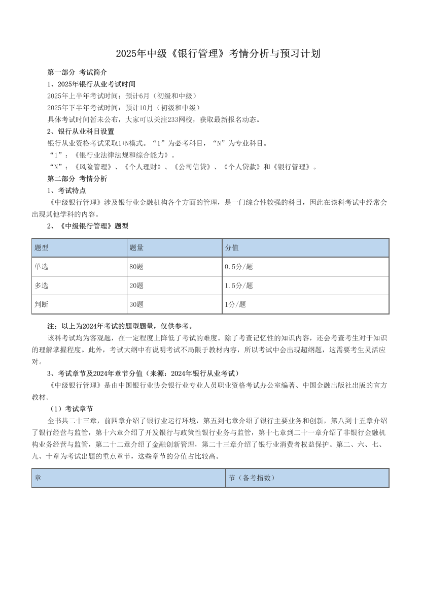 2025年中级《银行管理》考情分析与预习计划.pdf-图片1