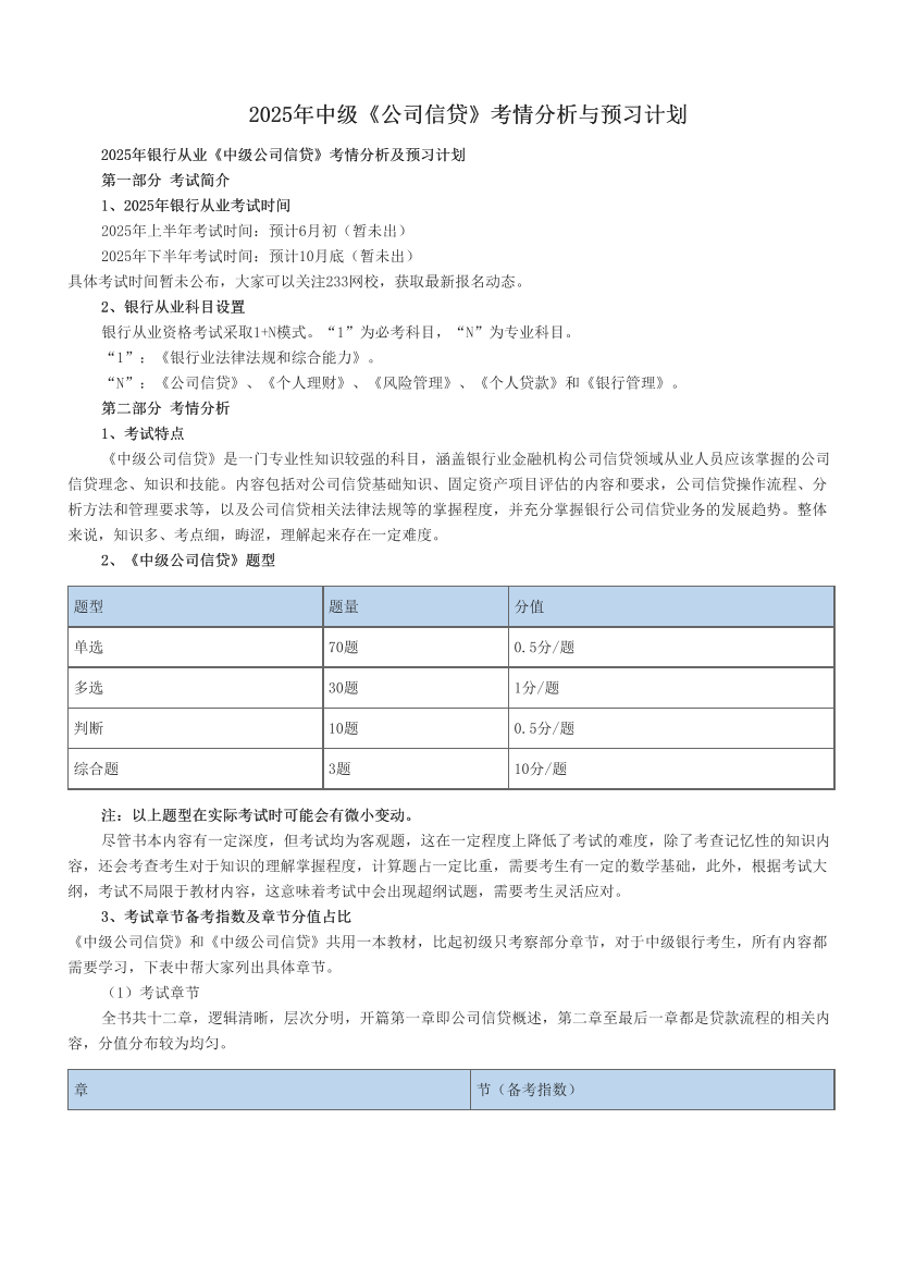 2025年中级《公司信贷》考情分析与预习计划.pdf-图片1