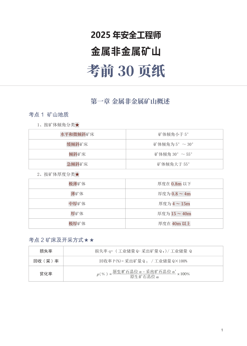 2025年中级注册安全工程师《金属非金属矿山安全》考前30页纸.pdf-图片1