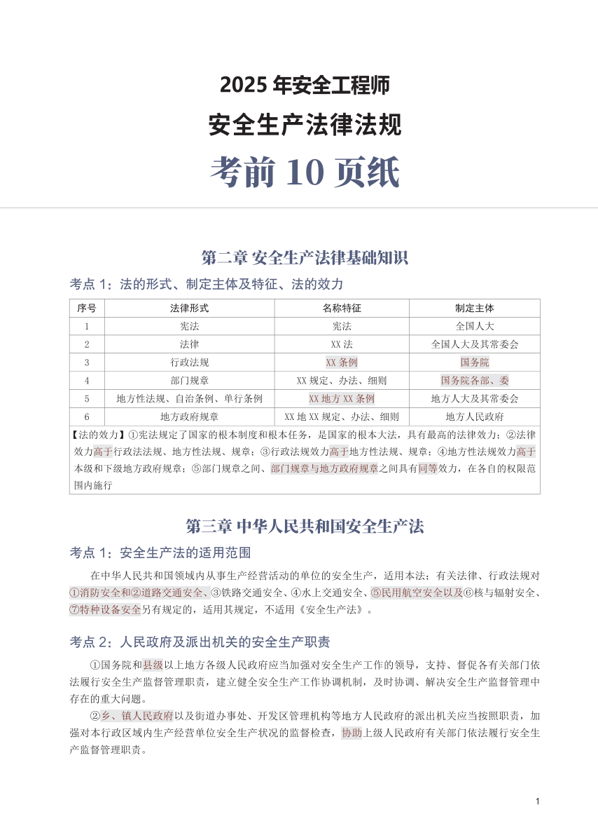 2025年中级注安《安全生产法律法规》考前10页纸.pdf-图片1