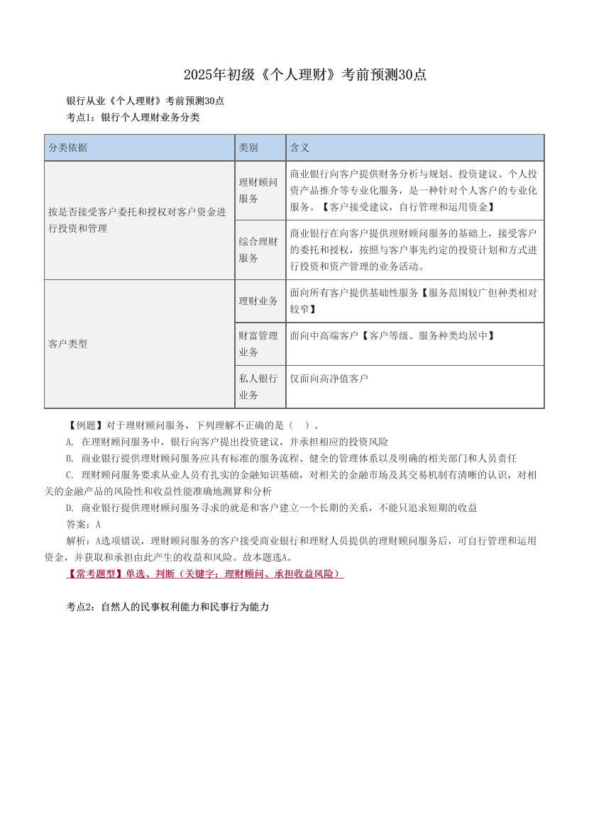 2025年初级《个人理财》考前预测30点.pdf-图片1
