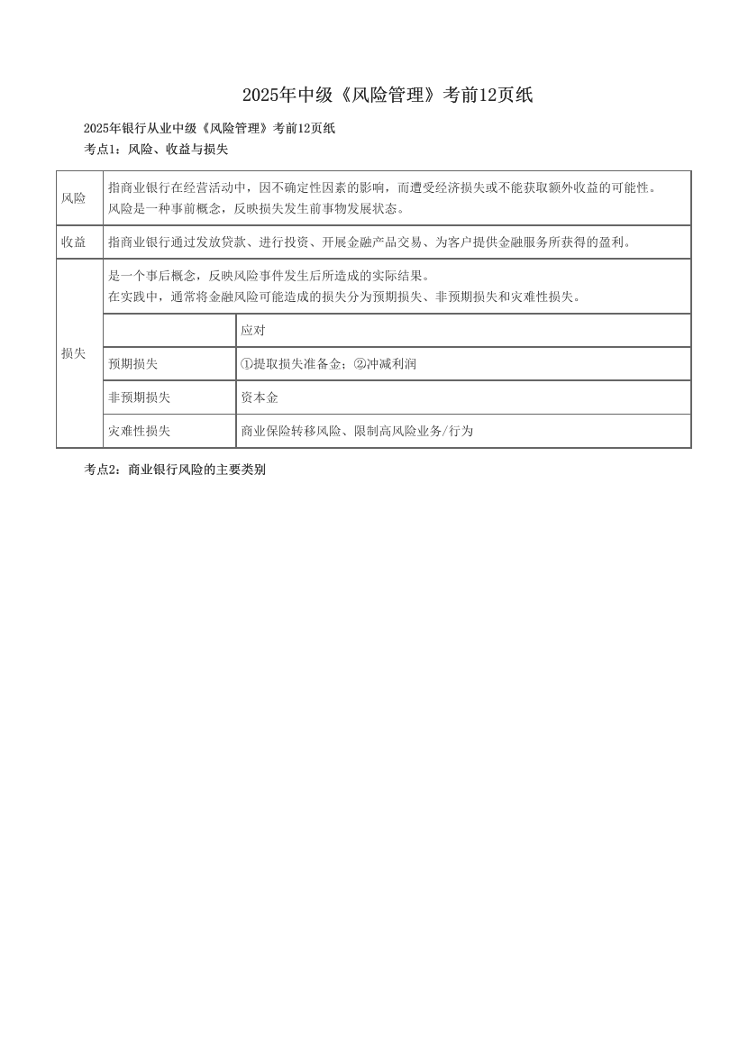 2025年中級(jí)《風(fēng)險(xiǎn)管理》考前12頁紙.pdf-圖片1