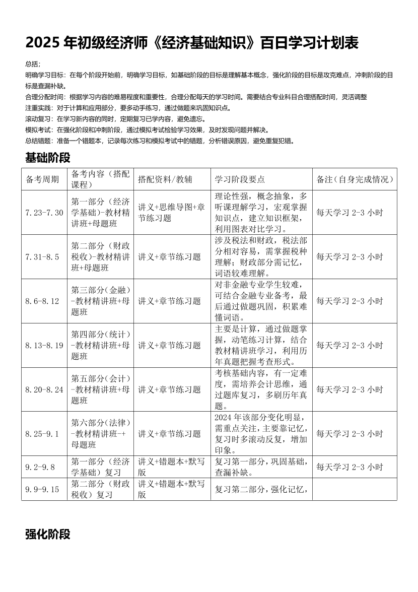 100天拿下证书！2025年《初级经济基础》百日学习计划.pdf-图片1