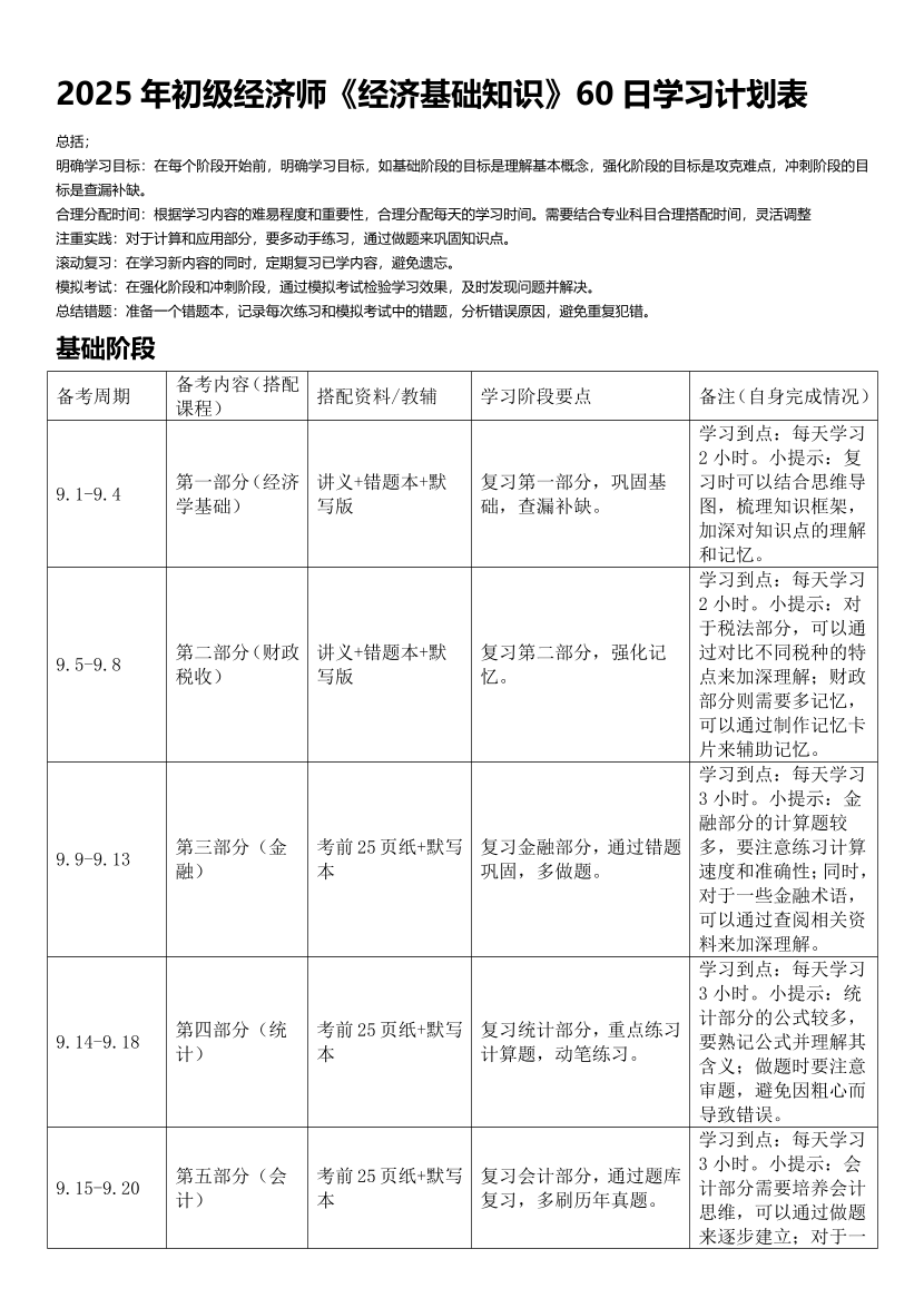 60天冲刺！2025年《初级经济基础》60日速成学习计划.pdf-图片1